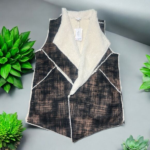 LulaRoe Marlow Sherpa Vest Women’s L Brown Black Plaid Fleece Open Front Warm - Picture 1 of 4